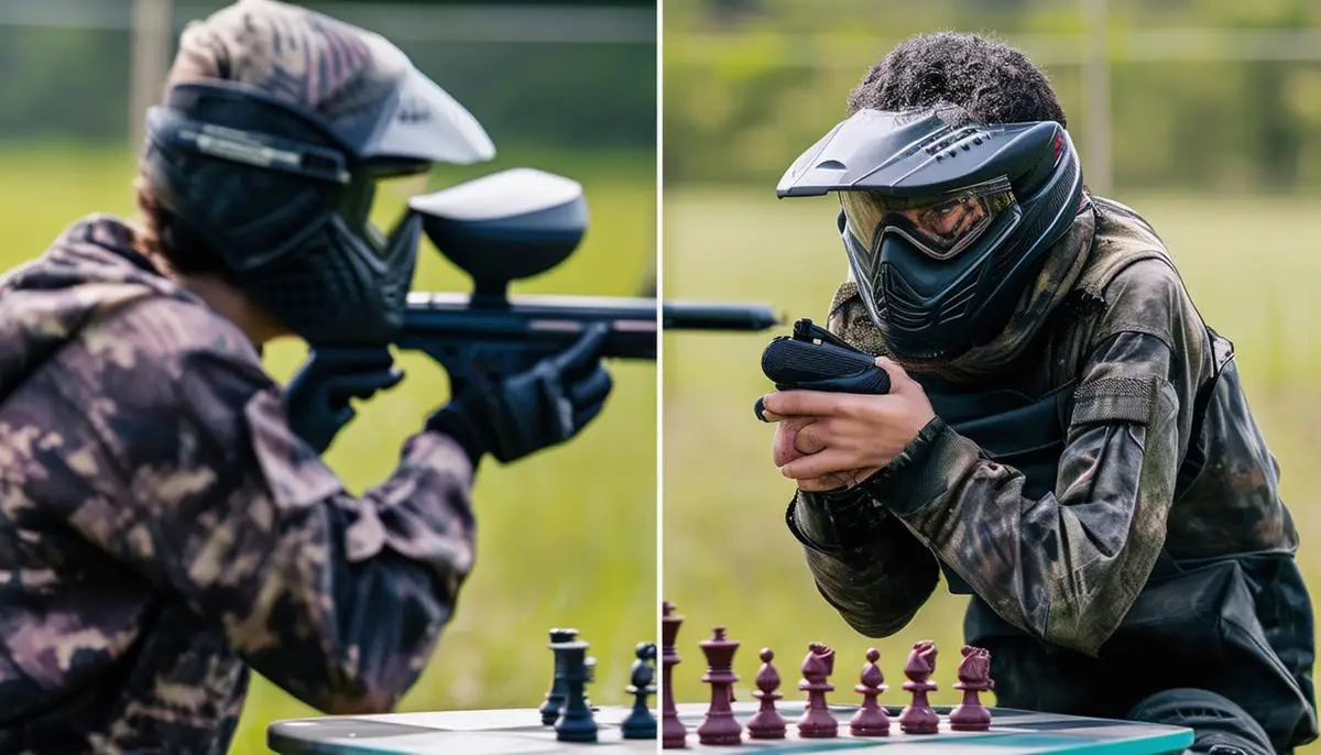 Split-screen image comparing a paintball player analyzing the field to a chess player contemplating their next move