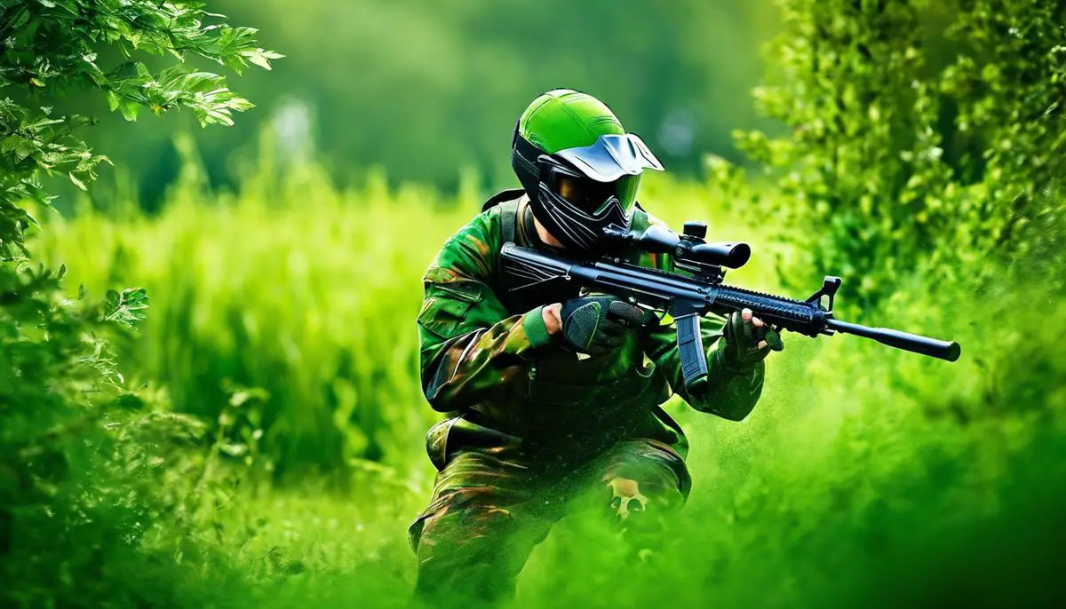 An image of a paintball player in a green field surrounded by trees, symbolizing the eco-friendly transformation of paintball