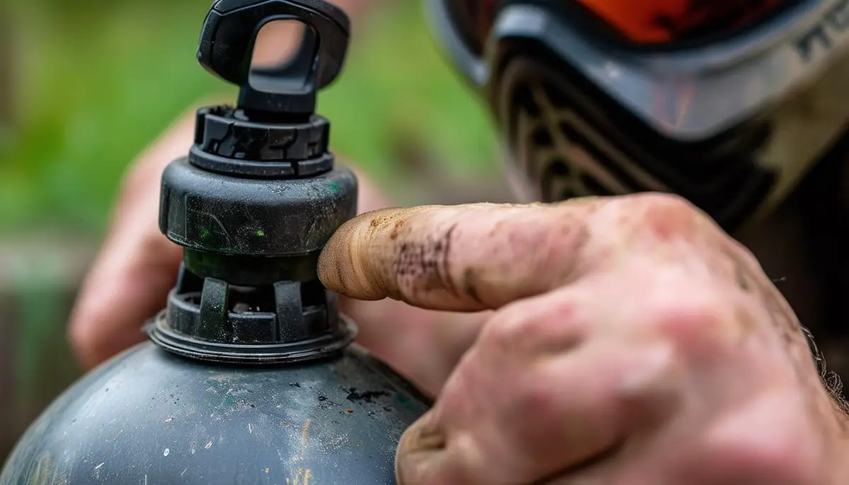 A close-up view of a person inspecting the O-ring on a paintball tank for any signs of wear or damage.