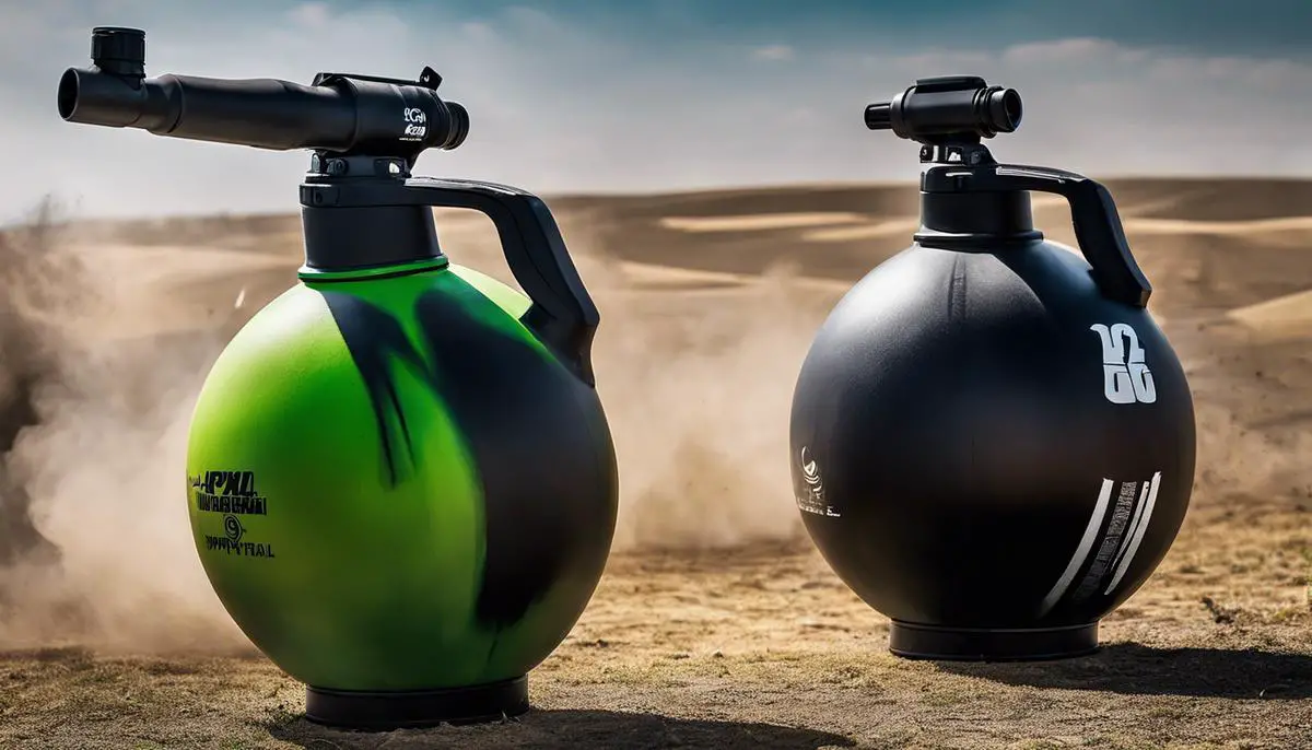 Image of CO2 and HPA paintball tanks side by side, representing the comparison between the two types of tanks in the text