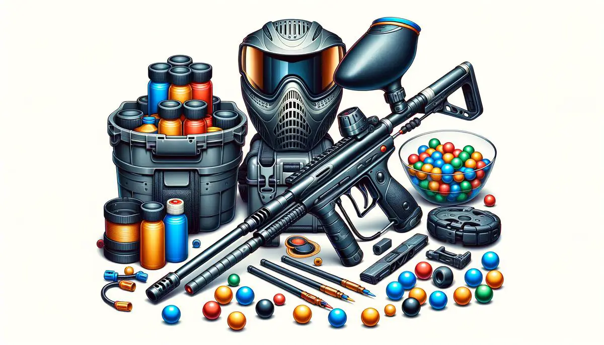 Image of paintball equipment and paintballs, representing tips for maintenance. Avoid using words, letters or labels in the image when possible.