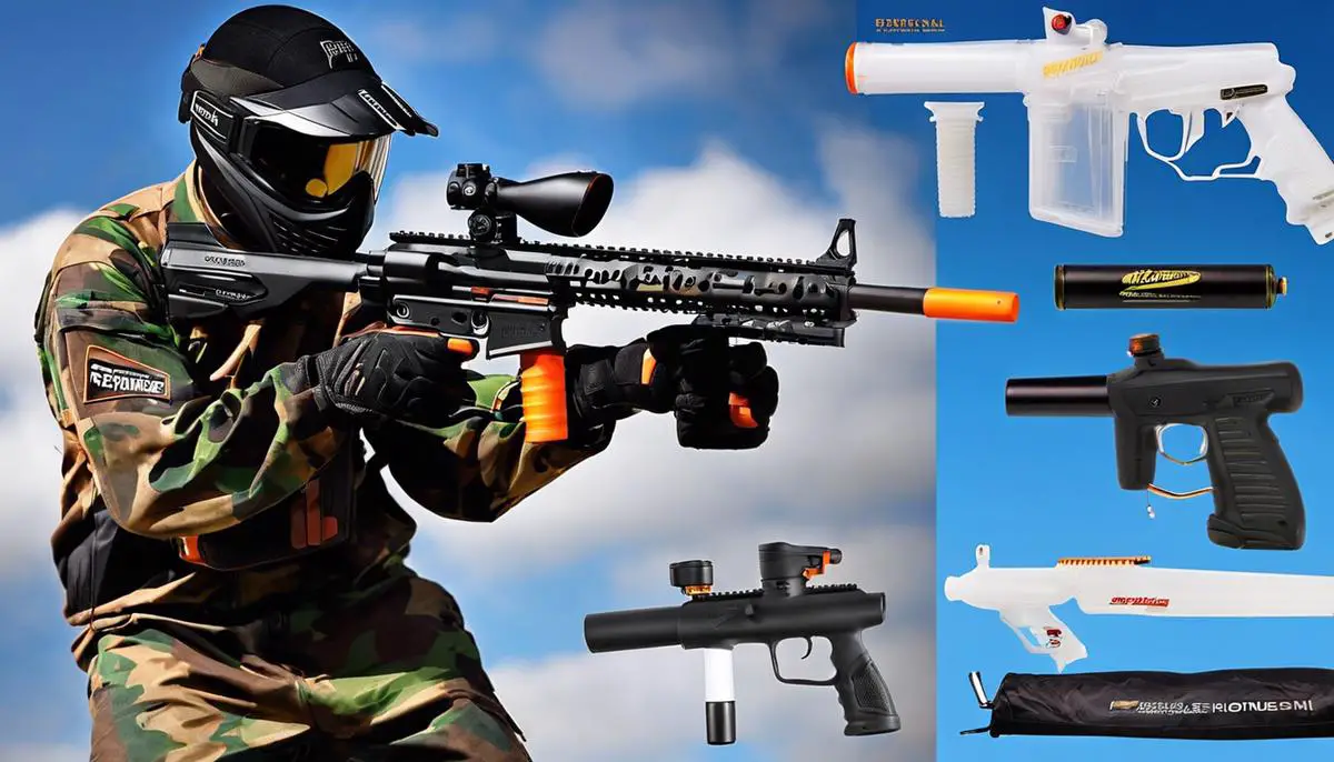 An image illustrating the various performance aspects to consider when buying a paintball gun. The image shows different factors such as shooting speed, accuracy, weight, durability, ease of use, and weather performance.