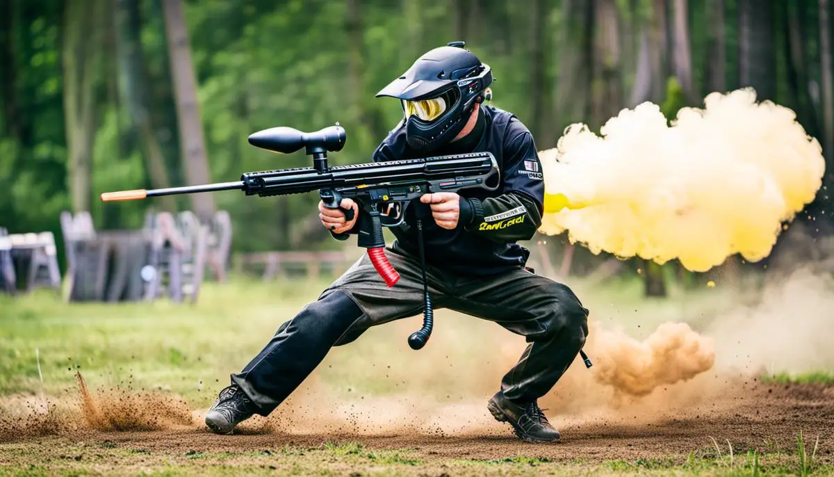 An image of a remote control paintball gun in action, demonstrating its use in a paintball competition.