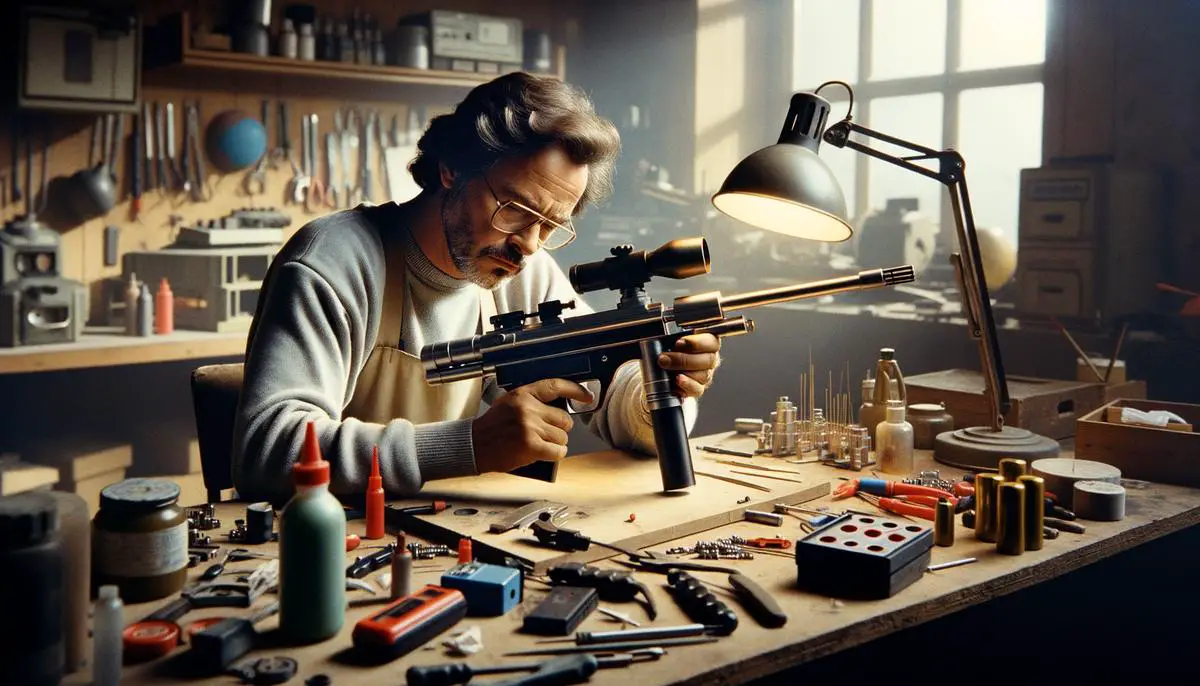 Robert G Shepherd, the inventor of the Splatmaster paintball gun, working on the design in his workshop