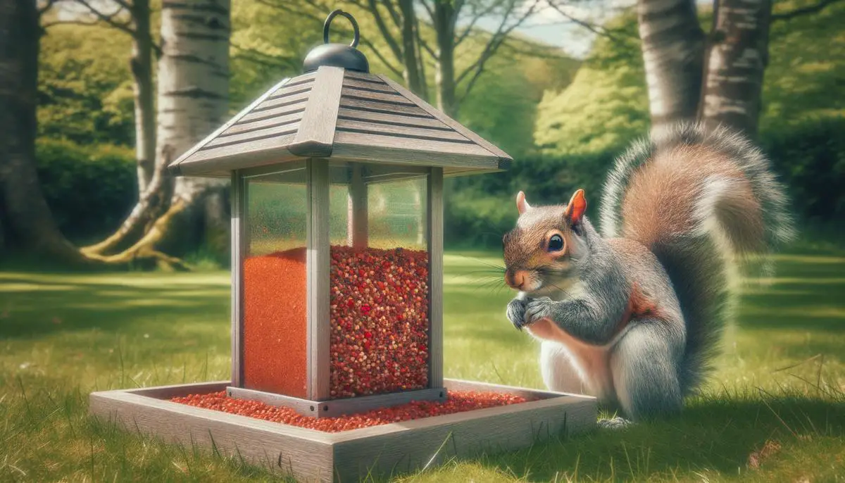 A curious squirrel sniffs at a bird feeder coated with spicy capsaicin, a harmless taste deterrent to keep squirrels away humanely.