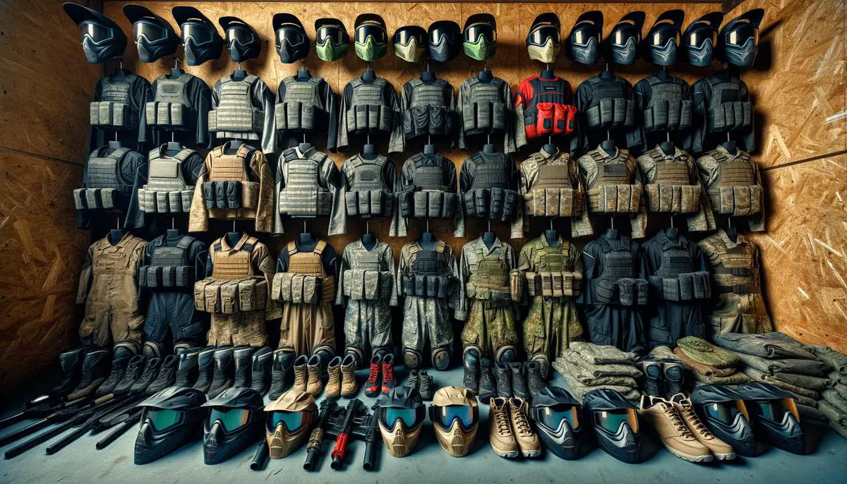 A display of high-quality paintball safety gear, including masks, padding, and protective clothing, emphasizing the commitment to safety at Michigan's indoor paintball venues