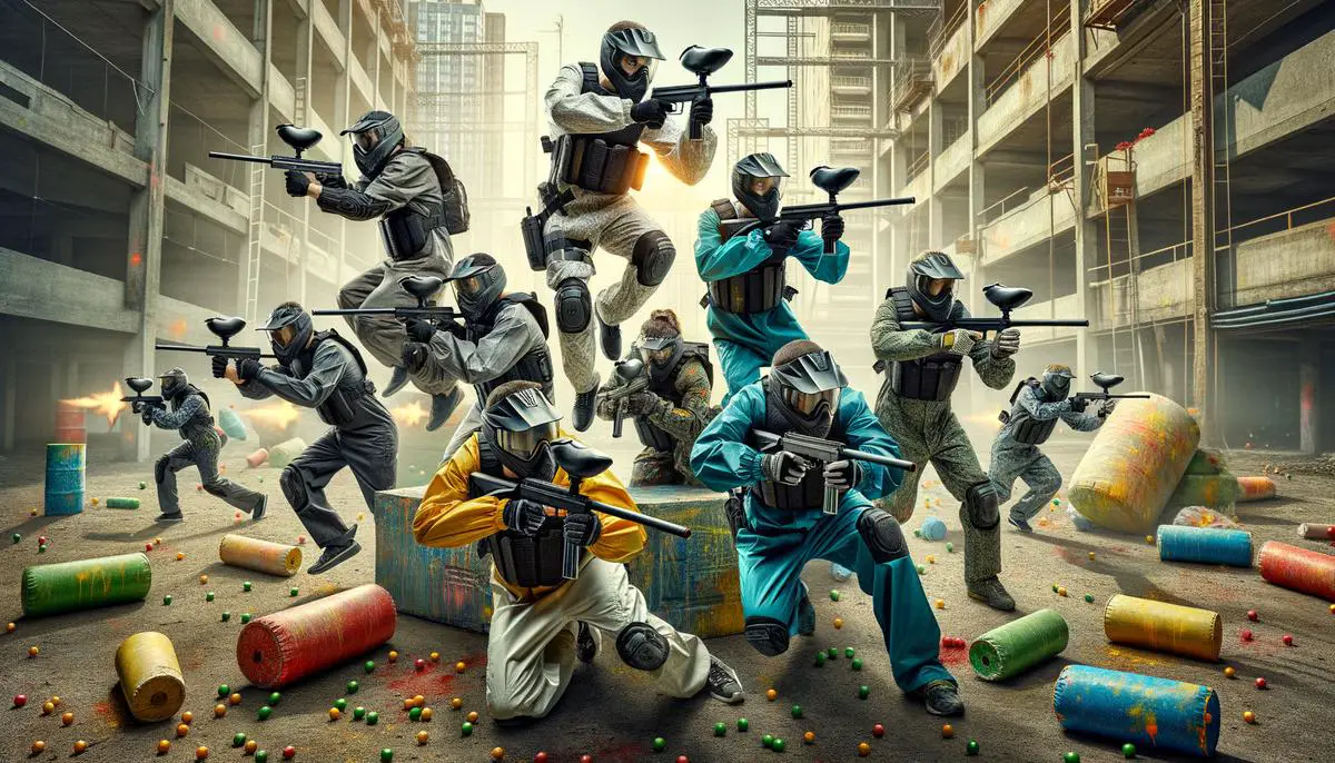 A group of individuals in protective gear playing paintball in an urban setting, emphasizing the importance of safety protocols in the sport. Avoid using words, letters or labels in the image when possible.
