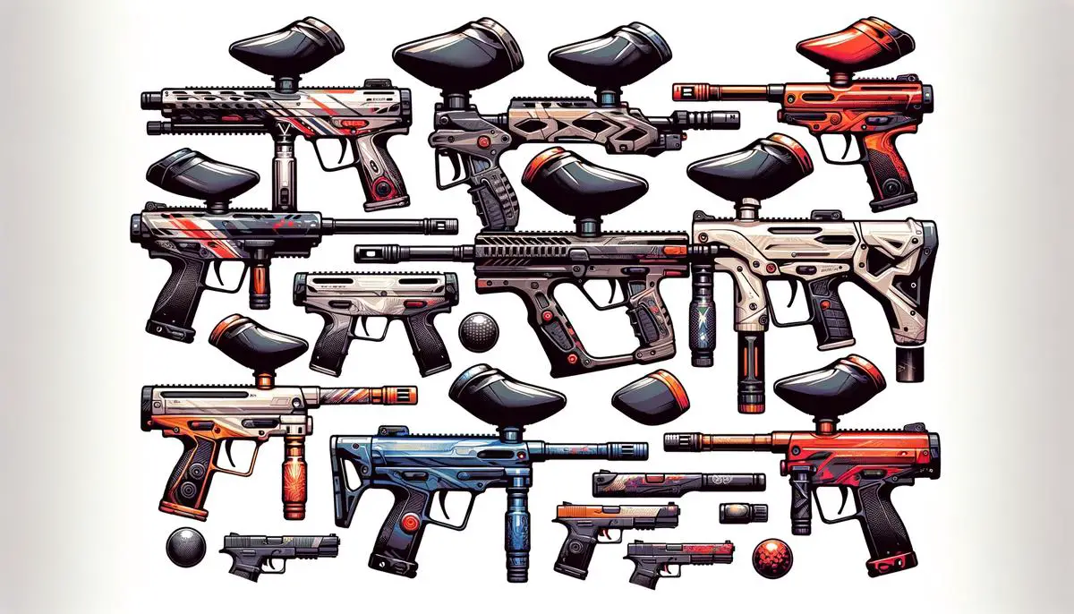 A selection of paintball markers specifically designed for young players, highlighting safety, performance, and ease of use. Avoid using words, letters or labels in the image when possible.