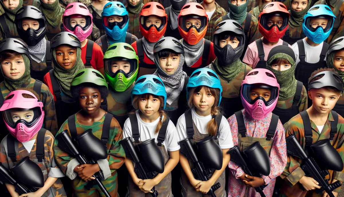 Image of children wearing helmets and masks for youth paintball, ensuring safety and protection in the sport. Avoid using words, letters or labels in the image when possible.